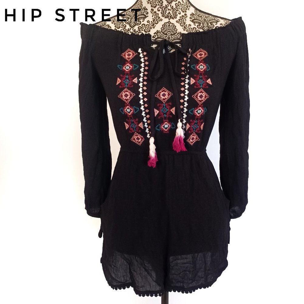XHILARATION Romper LS Folk Embroidered Top Tassel Tie Lace Edge S